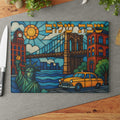 Brooklyn Challah Board, Stained Glass NYC Shabbat Tray, Brooklyn Bridge Taxi
