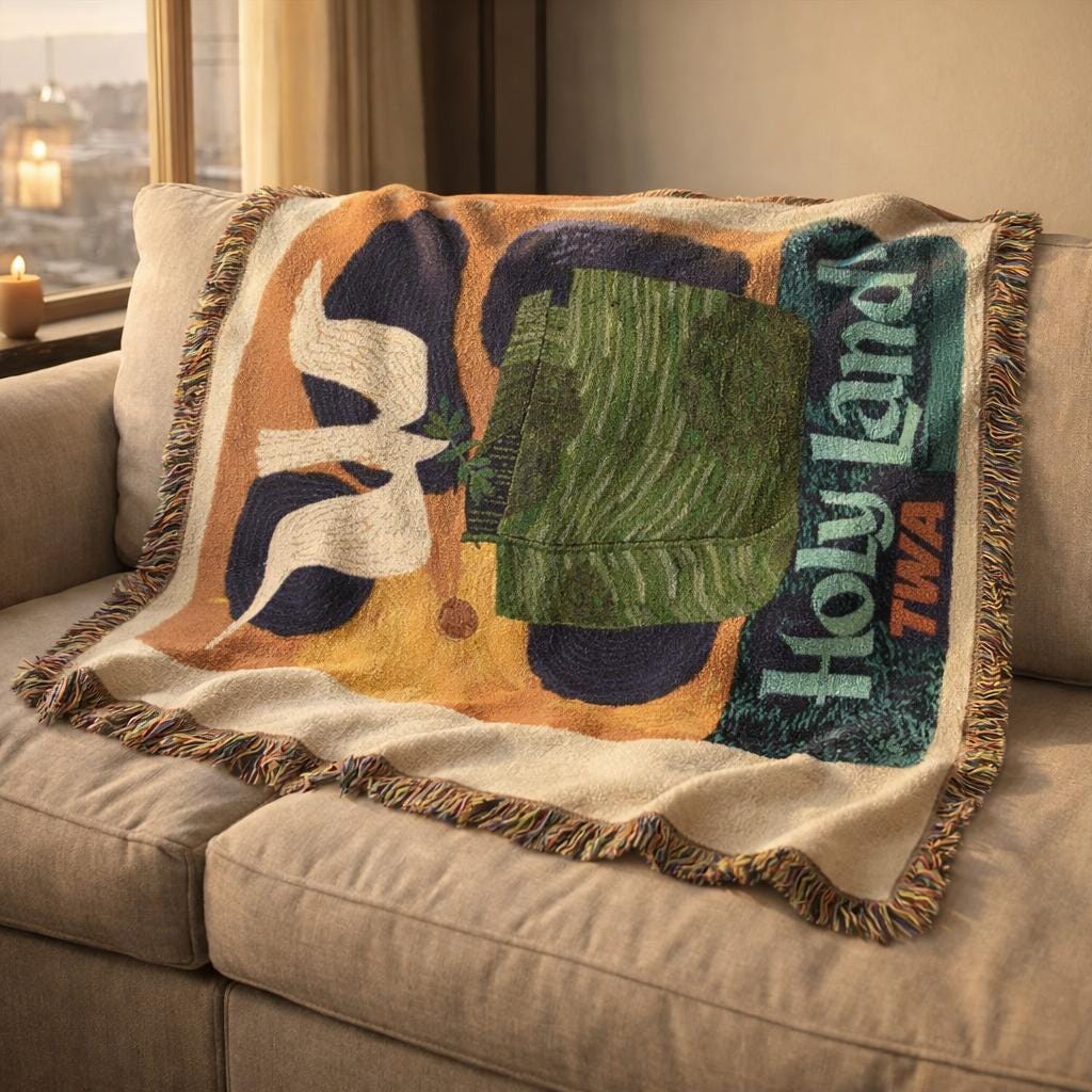 Vintage TWA Israel Woven Blanket, Holy Land Tapestry Throw, Jewish Decor