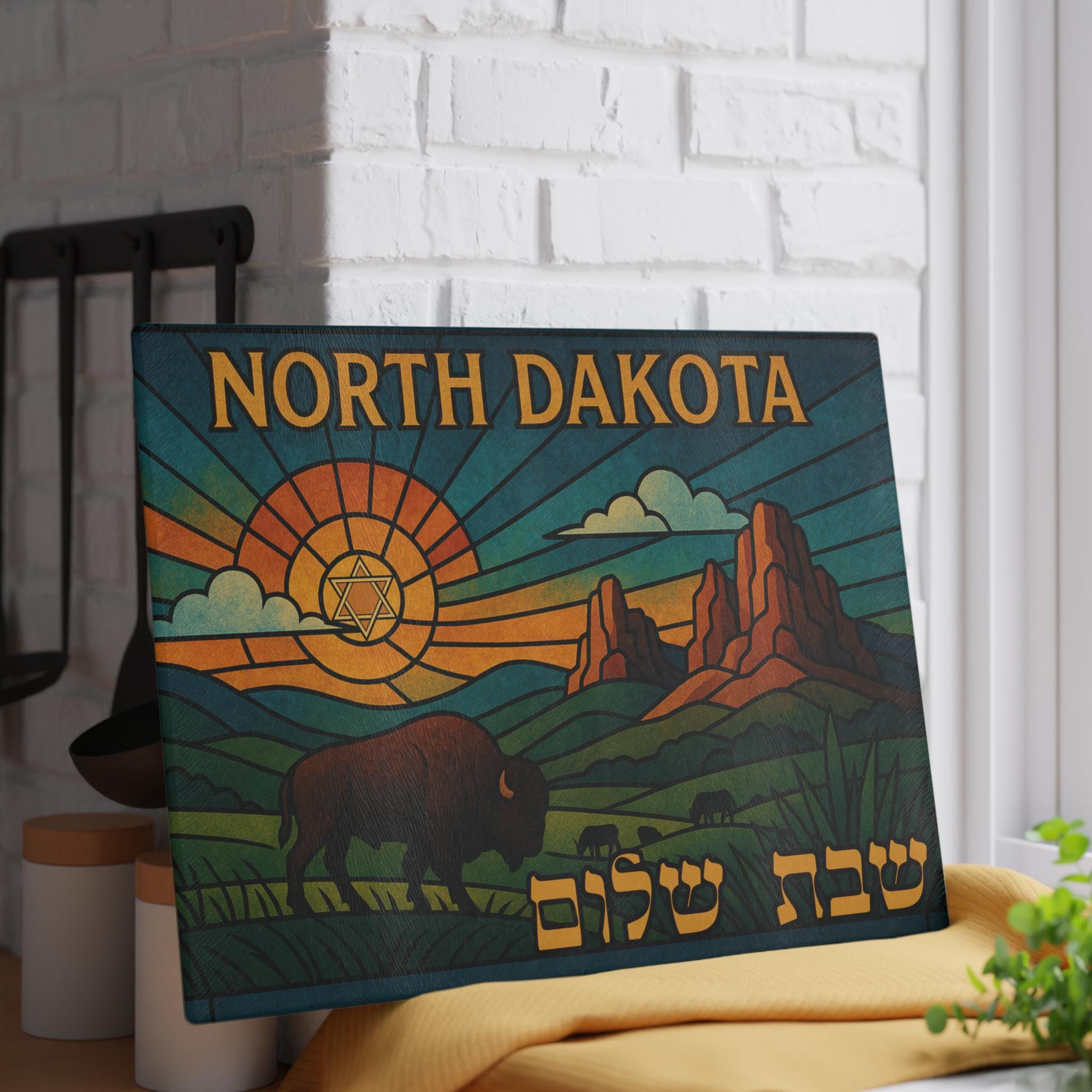 North Dakota Challah Board, Bison Badlands Shabbat Shalom Glass Tray