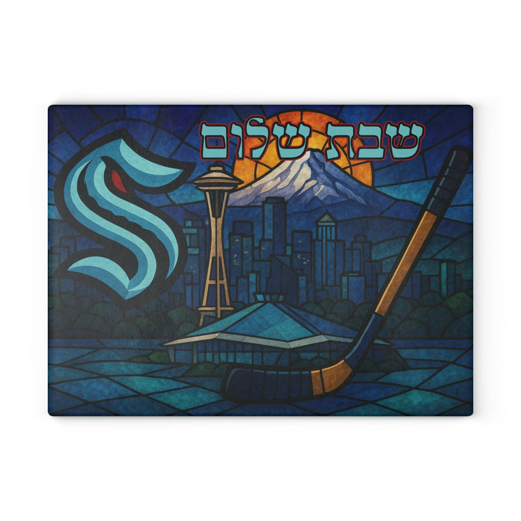 Seattle Kraken Challah Board Glass, Stained Glass Shabbat Tray with Arena and Skyline, Jewish Hockey Gift