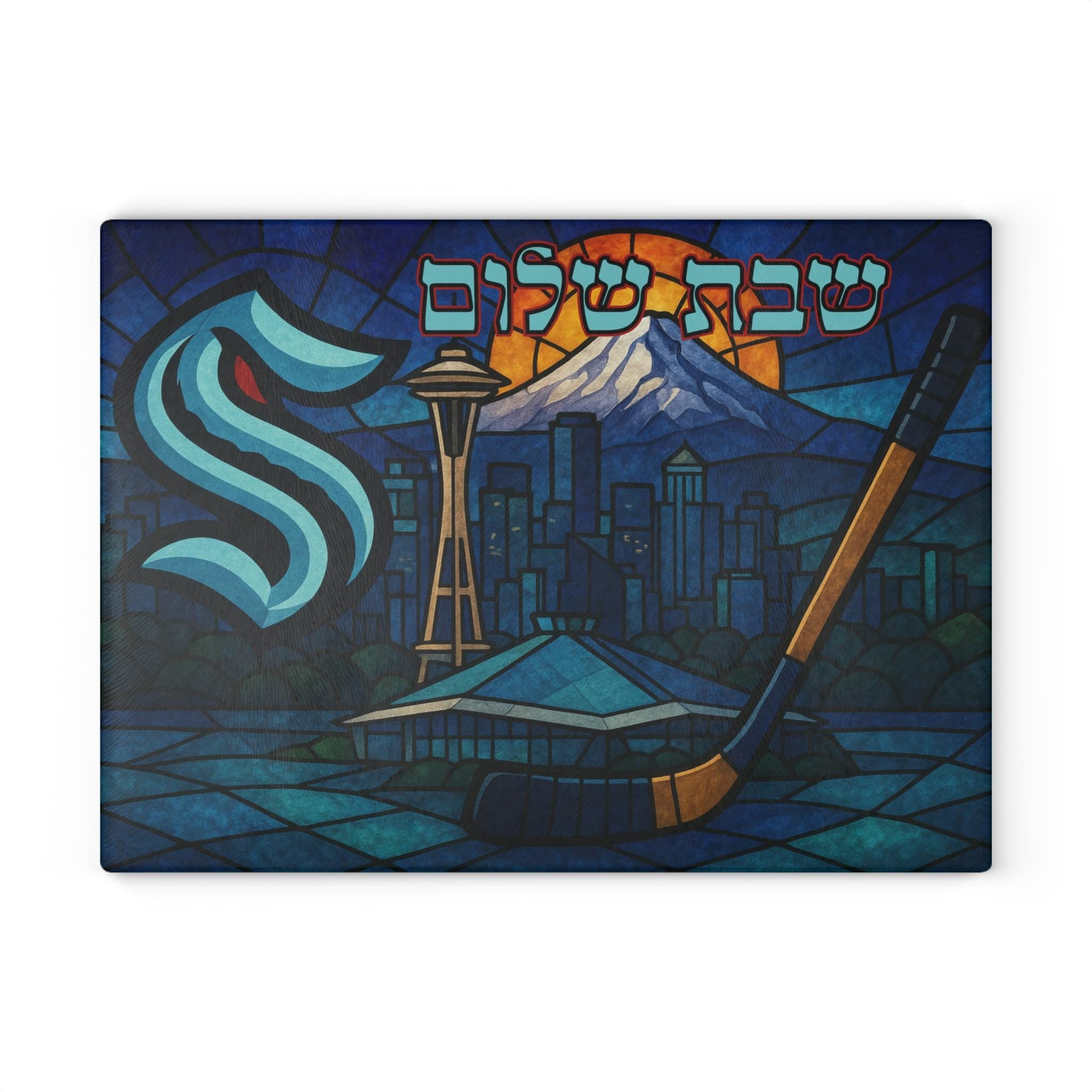 Seattle Kraken Challah Board Glass, Stained Glass Shabbat Tray with Arena and Skyline, Jewish Hockey Gift