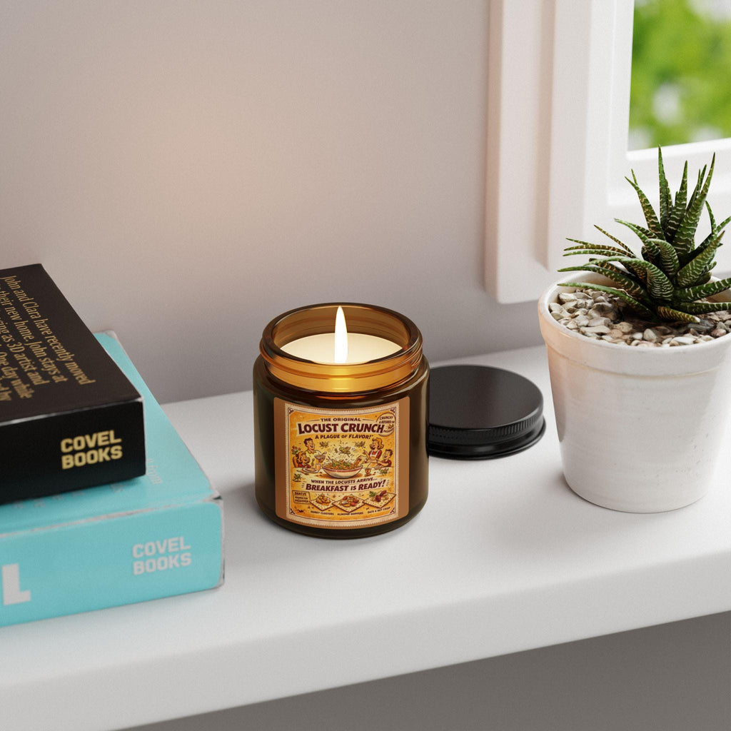 Locust Crunch Soy Candle, Vintage Passover Label, Amber Glass Judaica Home Fragrance