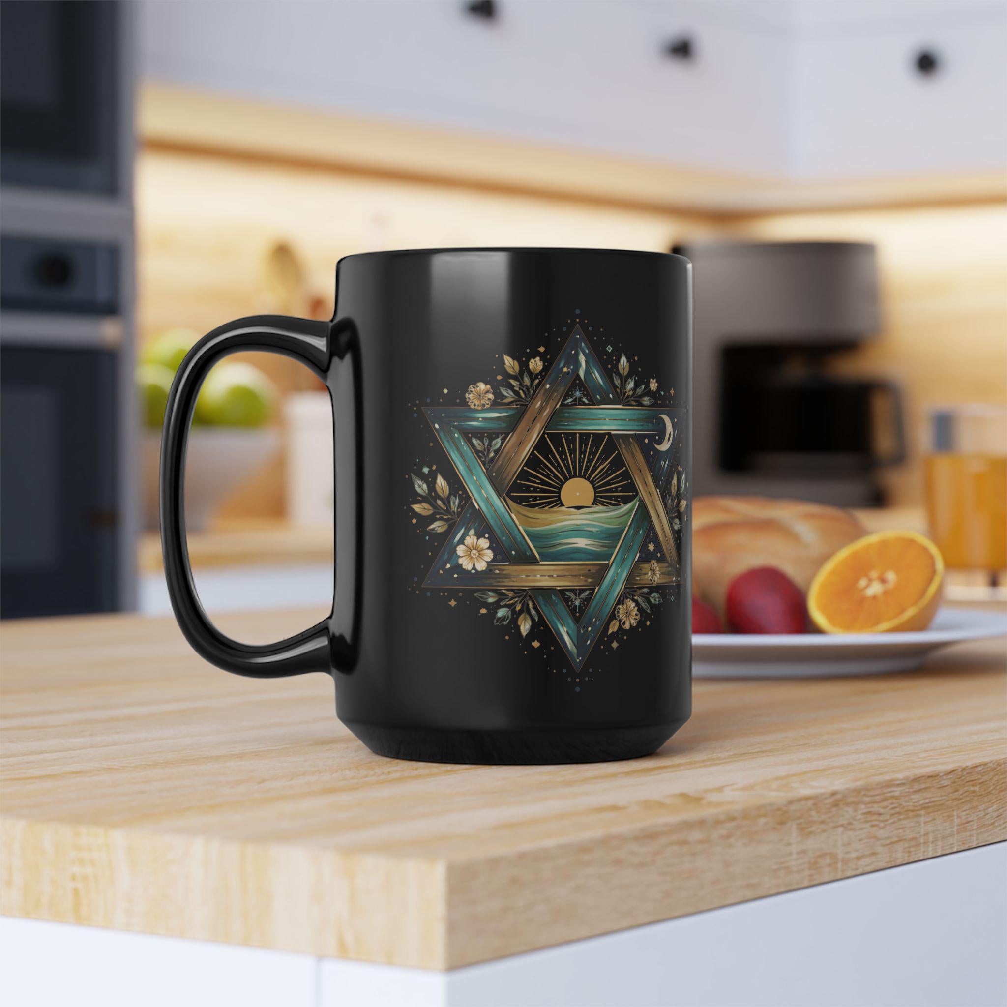Star of David Sunrise Mug, Ocean Jewish Symbol Black Ceramic Coffee Cup