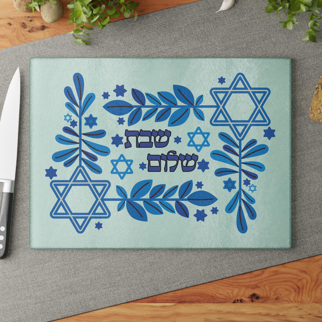 Star of David Challah Board, Blue White Glass Shabbat Tray, Modern Judaica Gift