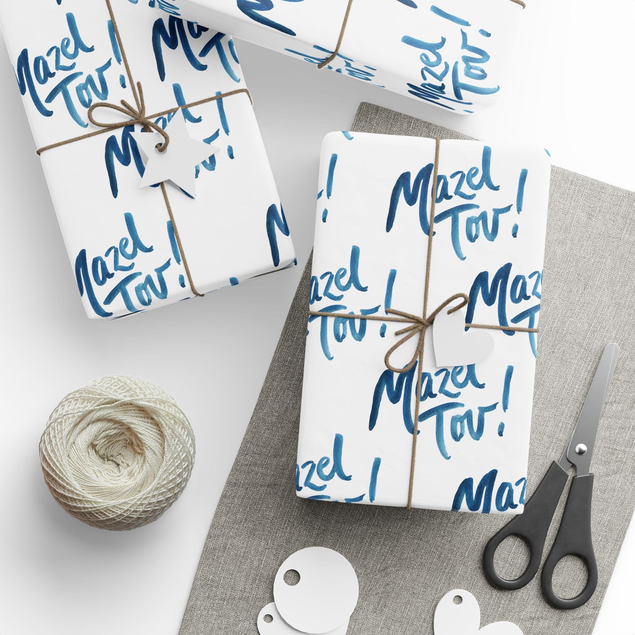 Mazel Tov Jewish Wrapping Paper, White Blue Simcha Gift Wrap