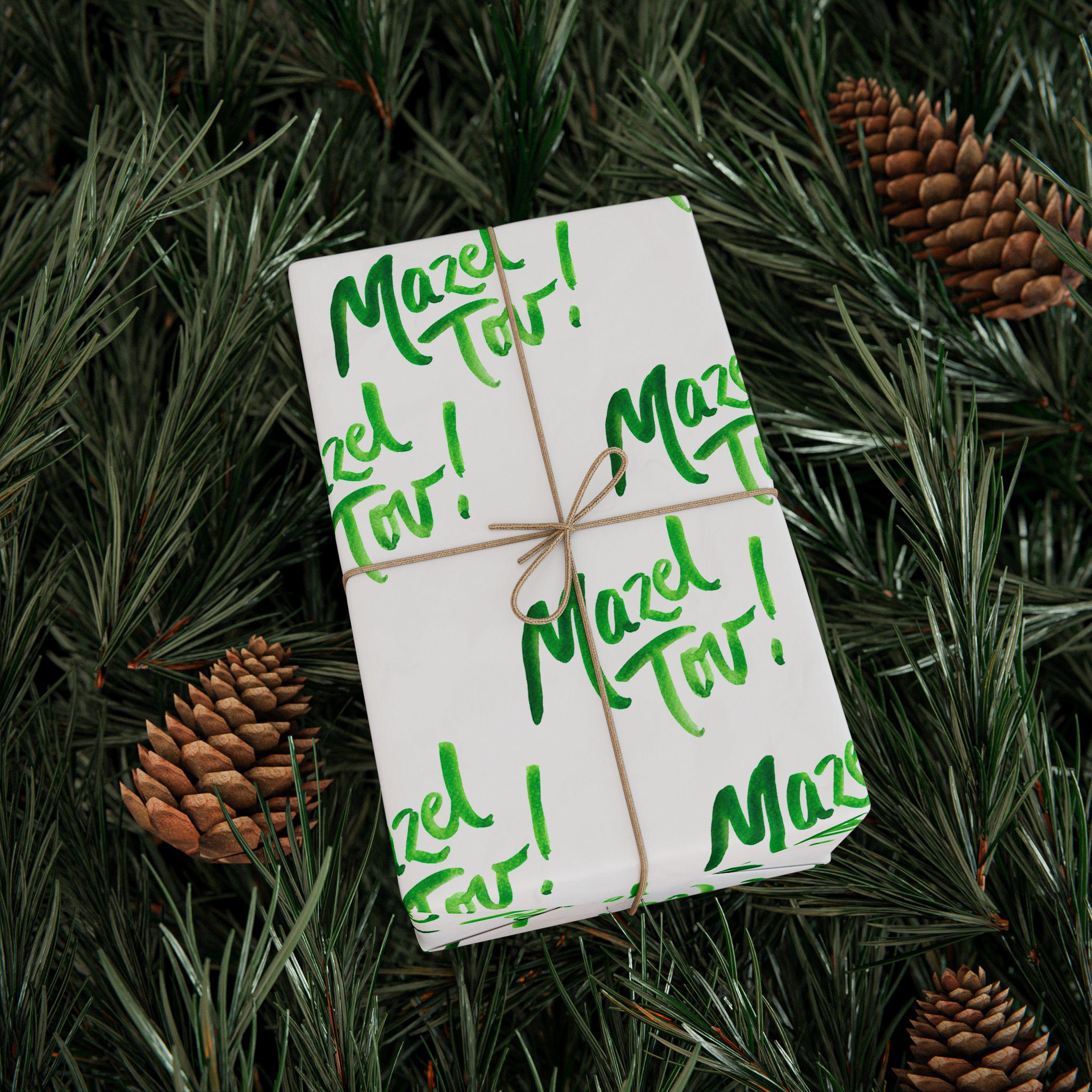 White Green Mazel Tov Wrapping Paper, Modern Jewish Simcha Gift Wrap