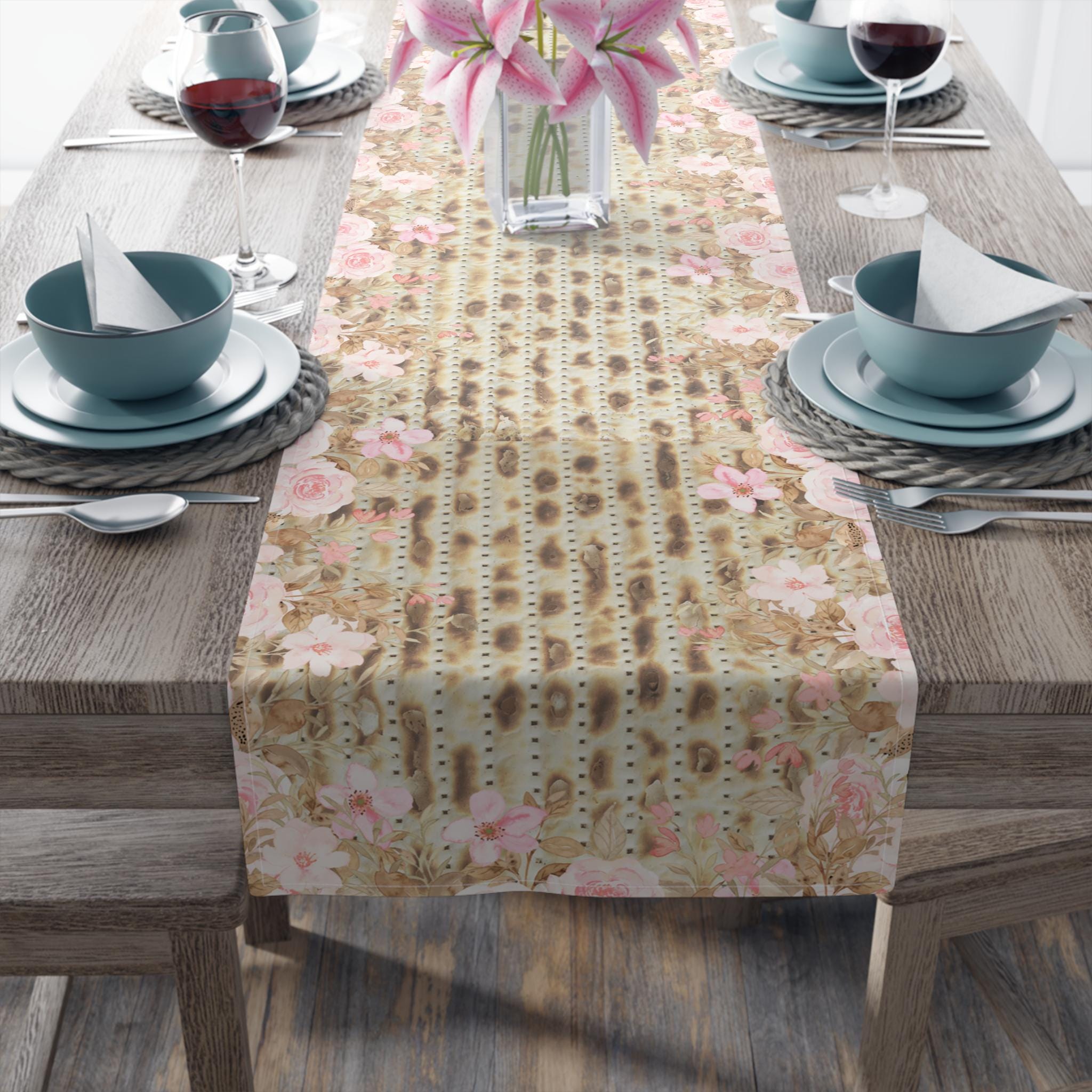 Passover Matzah Pink Floral Table Runner, Pesach Seder Judaica Decor