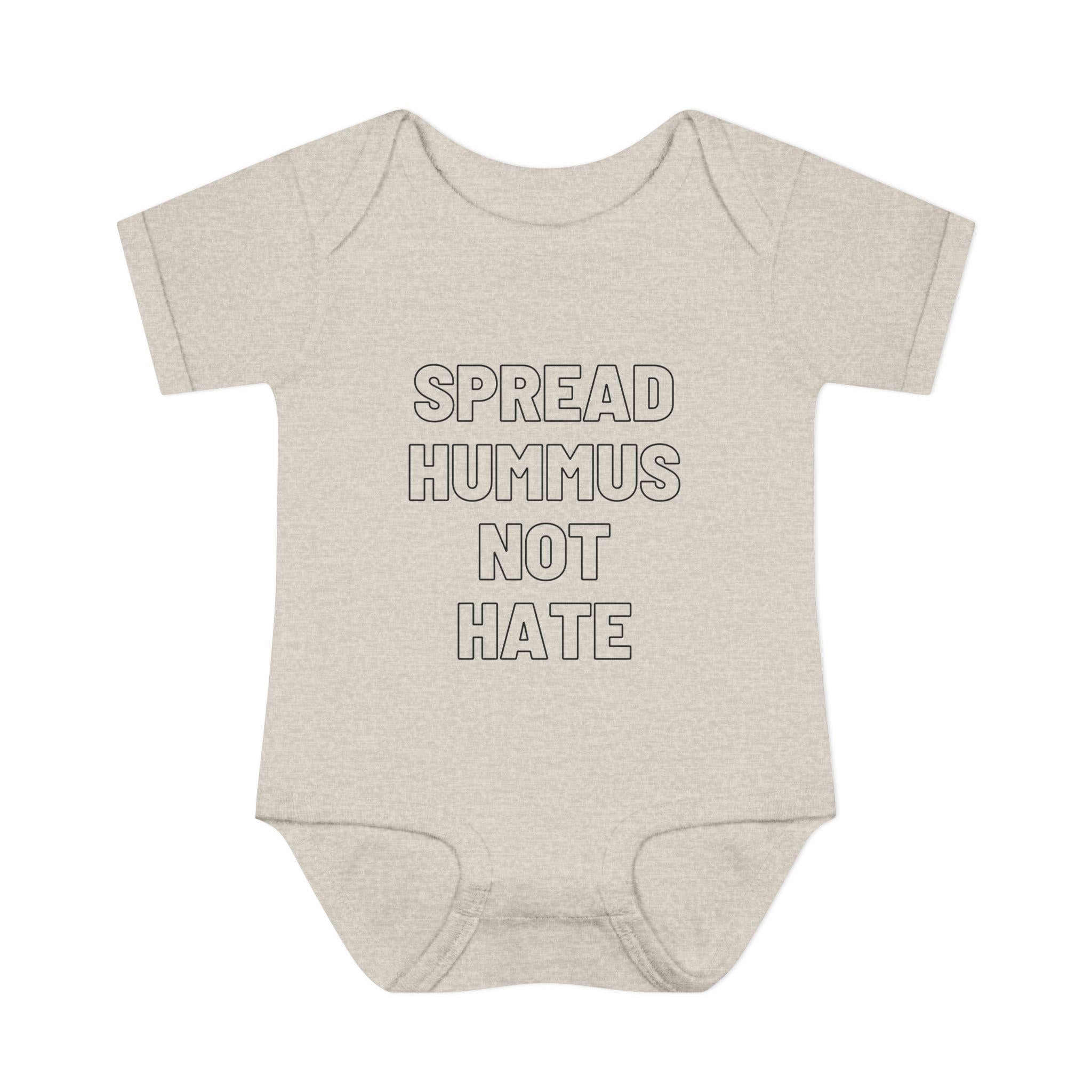 Spread Hummus Not Hate Baby Onesie Funny Jewish Infant Bodysuit, Foodie Humor Baby Shower Gift