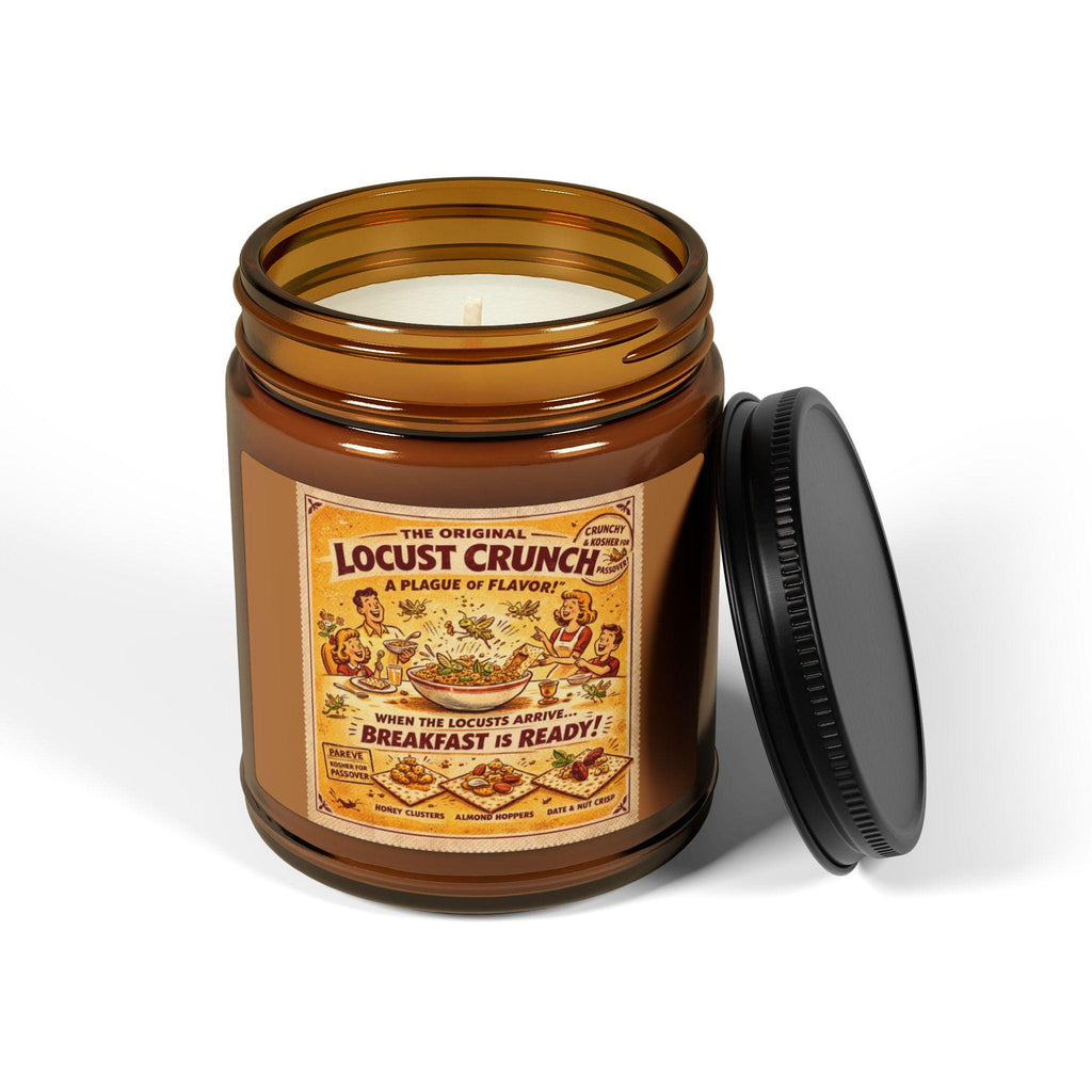 Locust Crunch Soy Candle, Vintage Passover Label, Amber Glass Judaica Home Fragrance