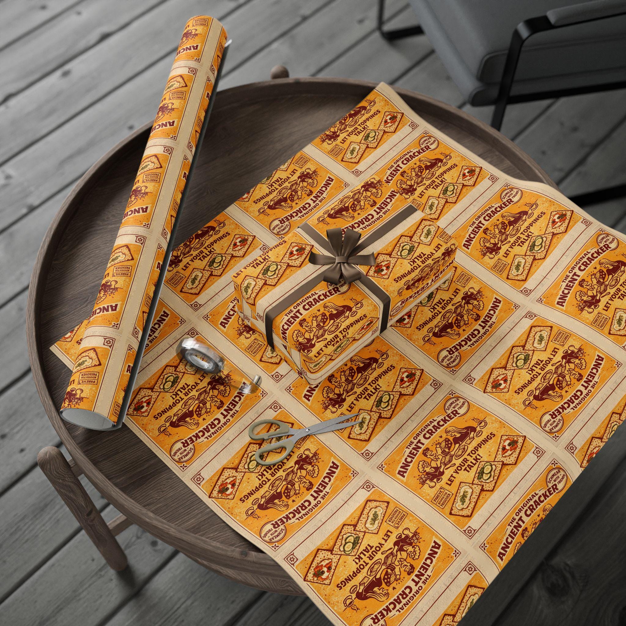 Vintage Matzah Label Wrapping Paper, Passover Gift Wrap, Jewish Holiday Packaging, Matzah Cracker Pattern