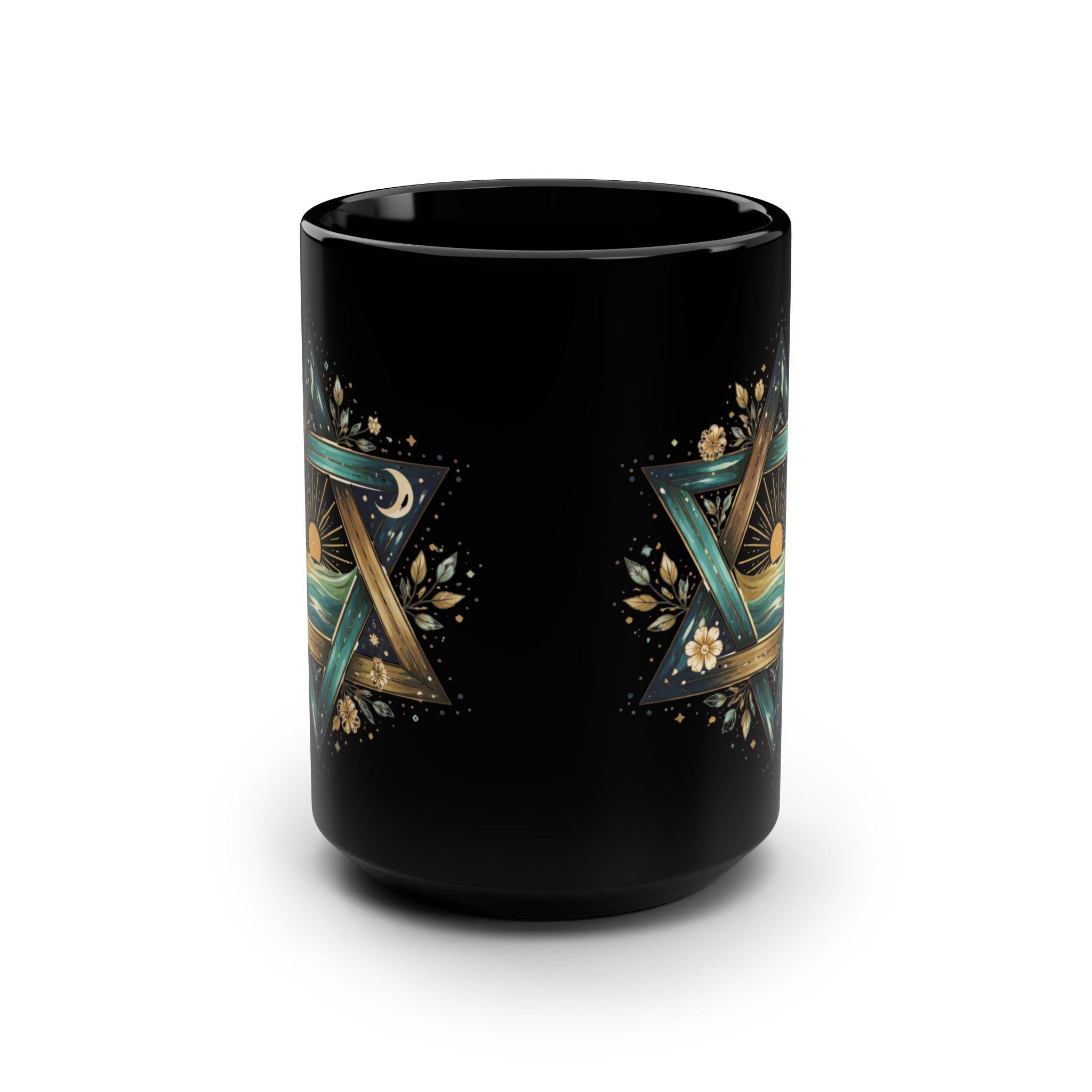 Star of David Sunrise Mug, Ocean Jewish Symbol Black Ceramic Coffee Cup