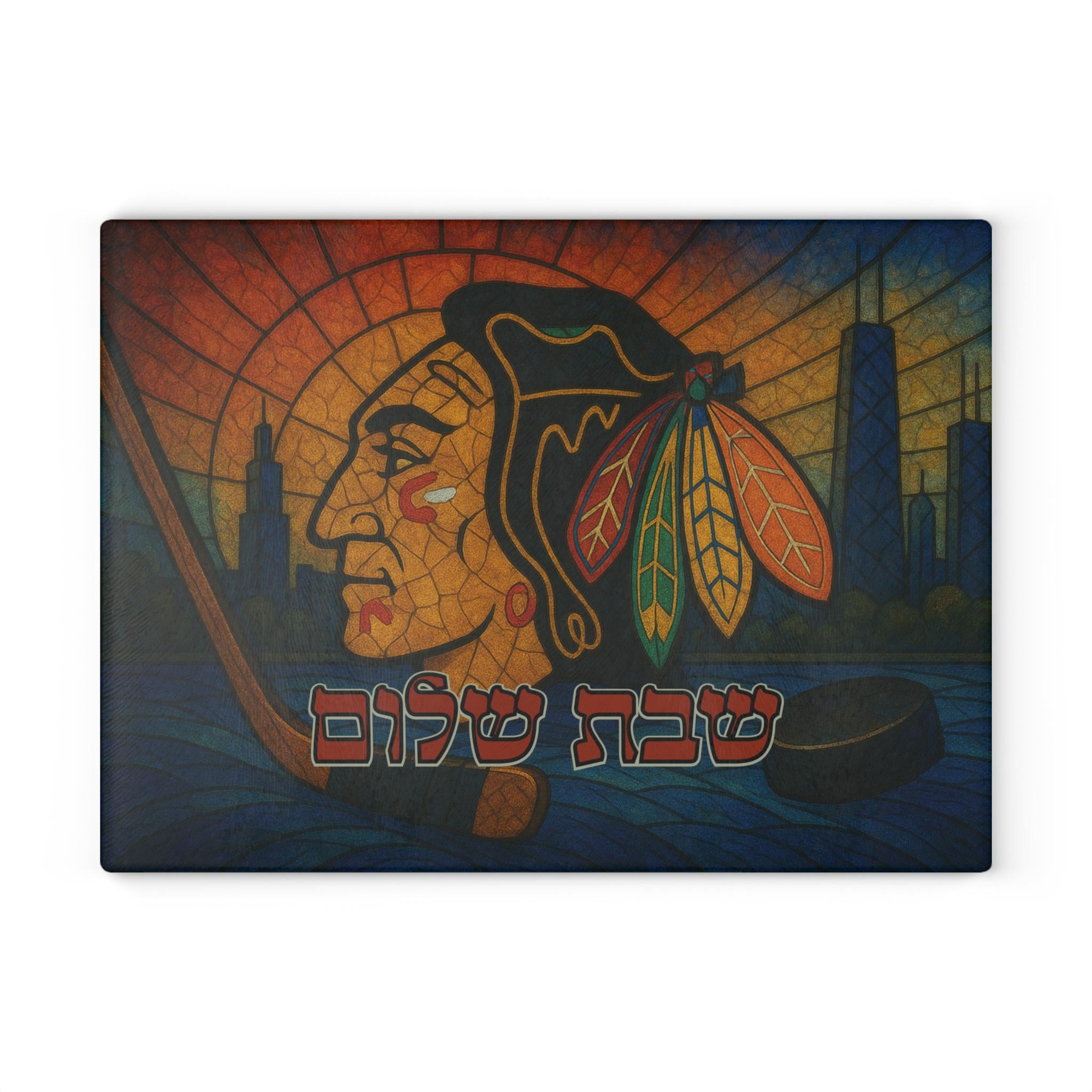 Chicago Blackhawks Stained Glass Challah Board, Hockey Shabbat Tray, Judaica Gift