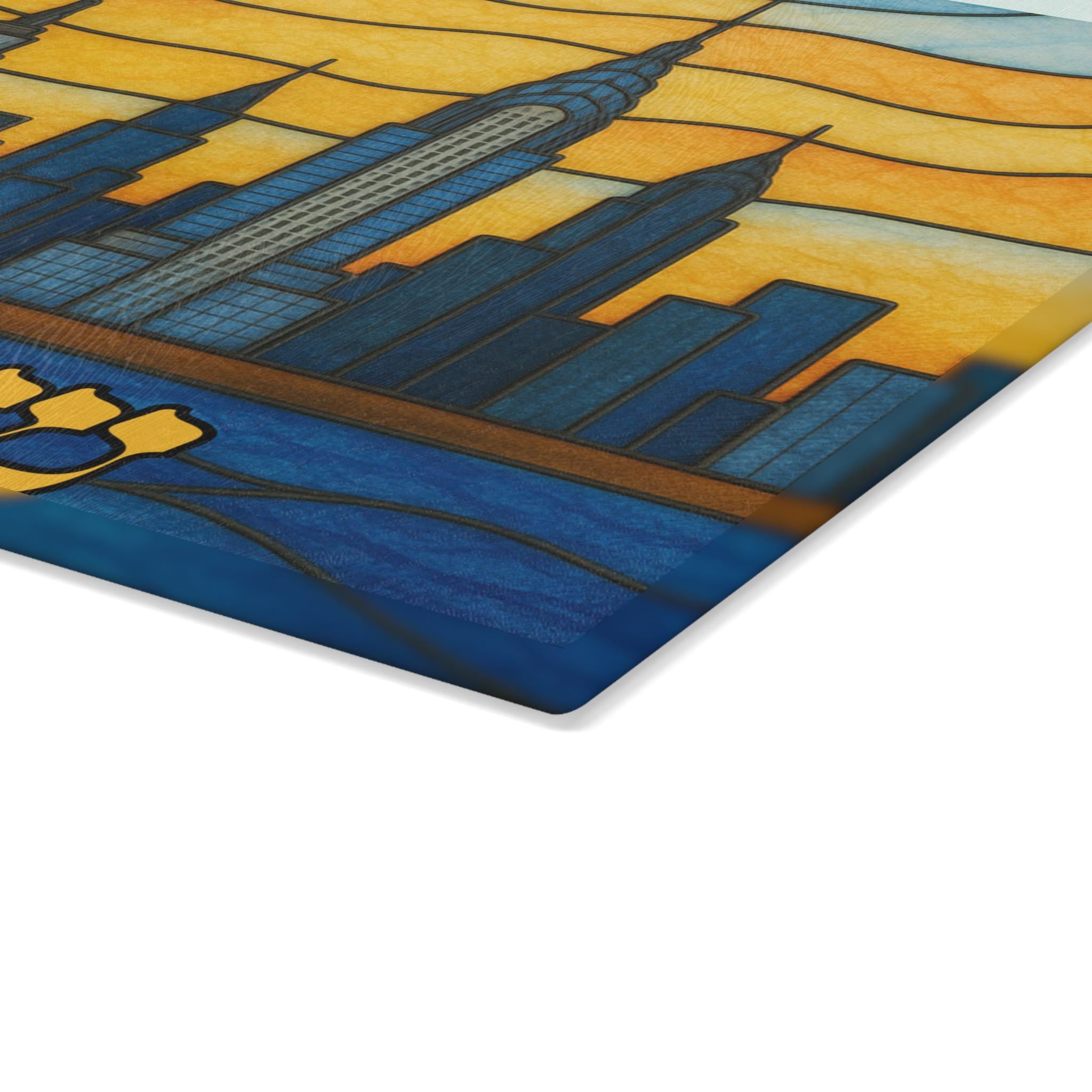 New York Skyline Tempered Glass Challah Board, Stained Glass Shabbat Tray