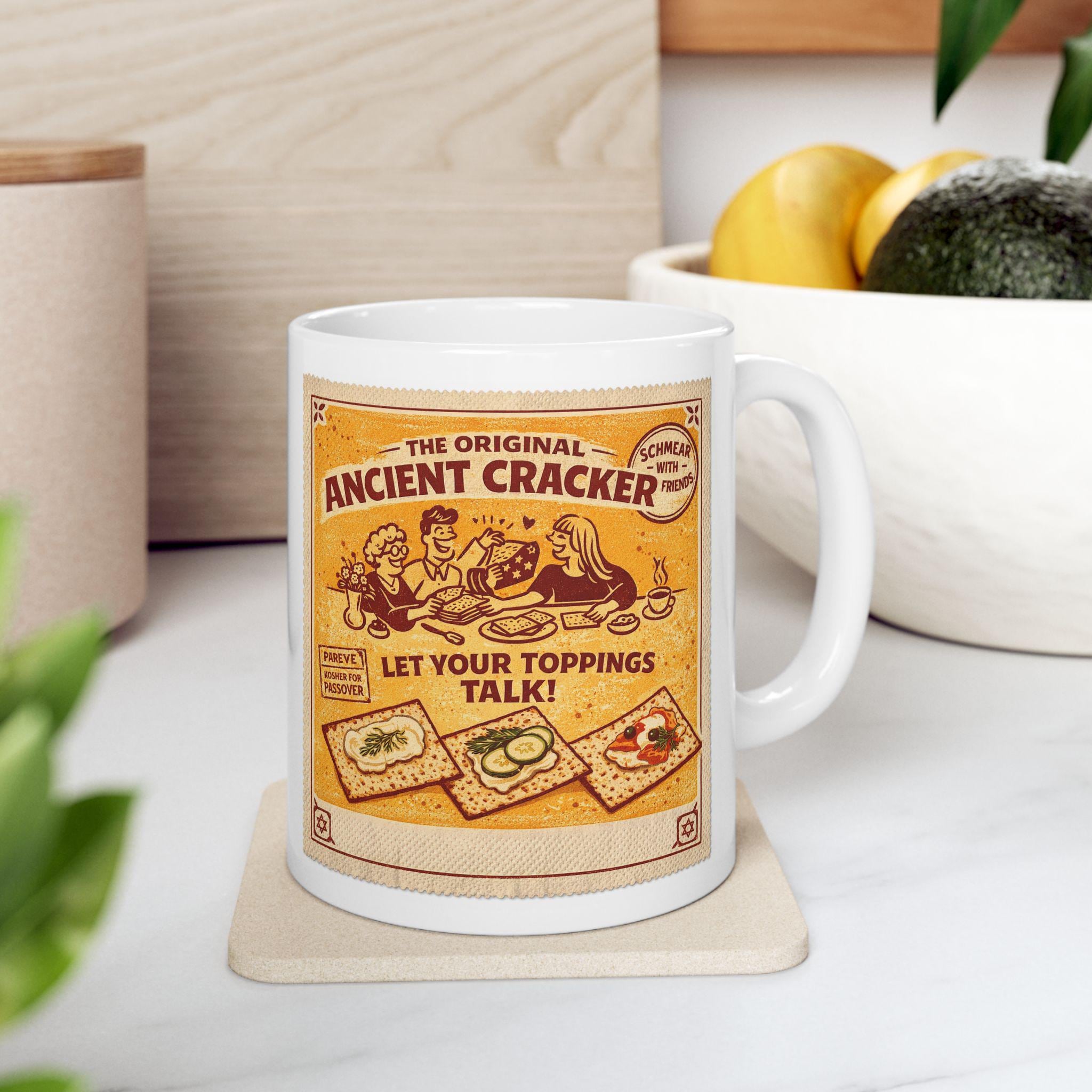 Vintage Ancient Cracker Illustration Mug, Retro Passover Coffee Cup