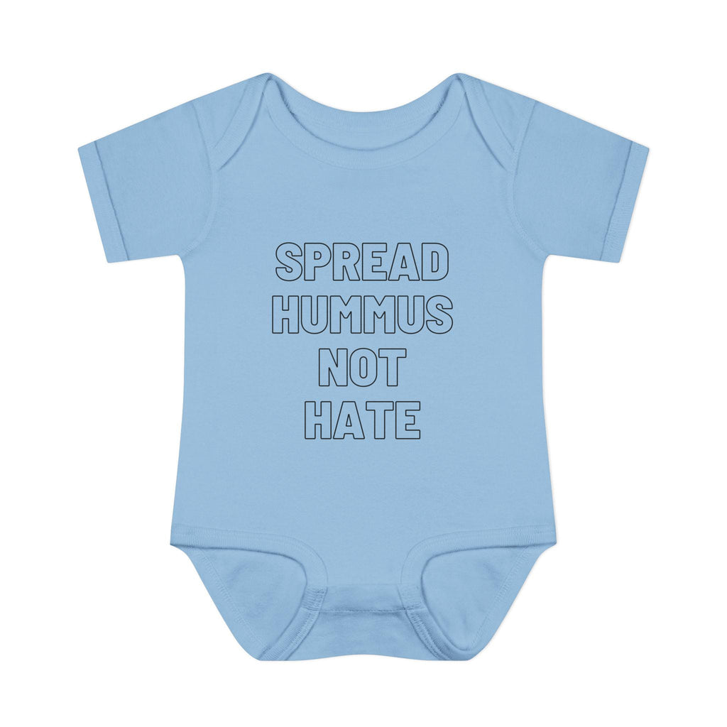 Spread Hummus Not Hate Baby Onesie Funny Jewish Infant Bodysuit, Foodie Humor Baby Shower Gift