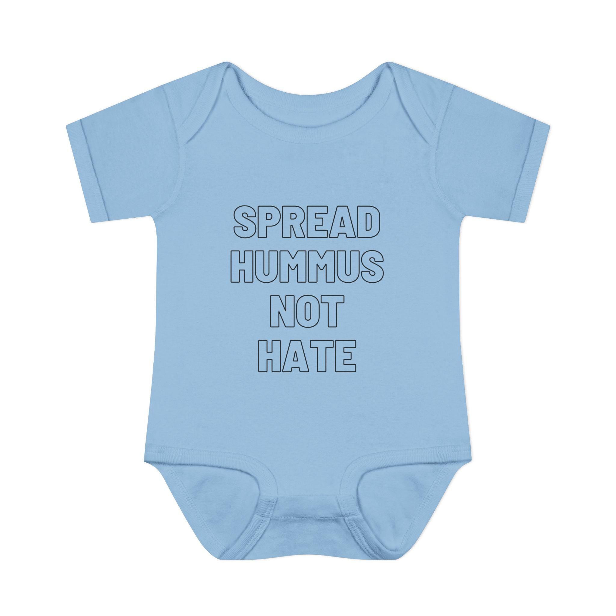Spread Hummus Not Hate Baby Onesie Funny Jewish Infant Bodysuit, Foodie Humor Baby Shower Gift