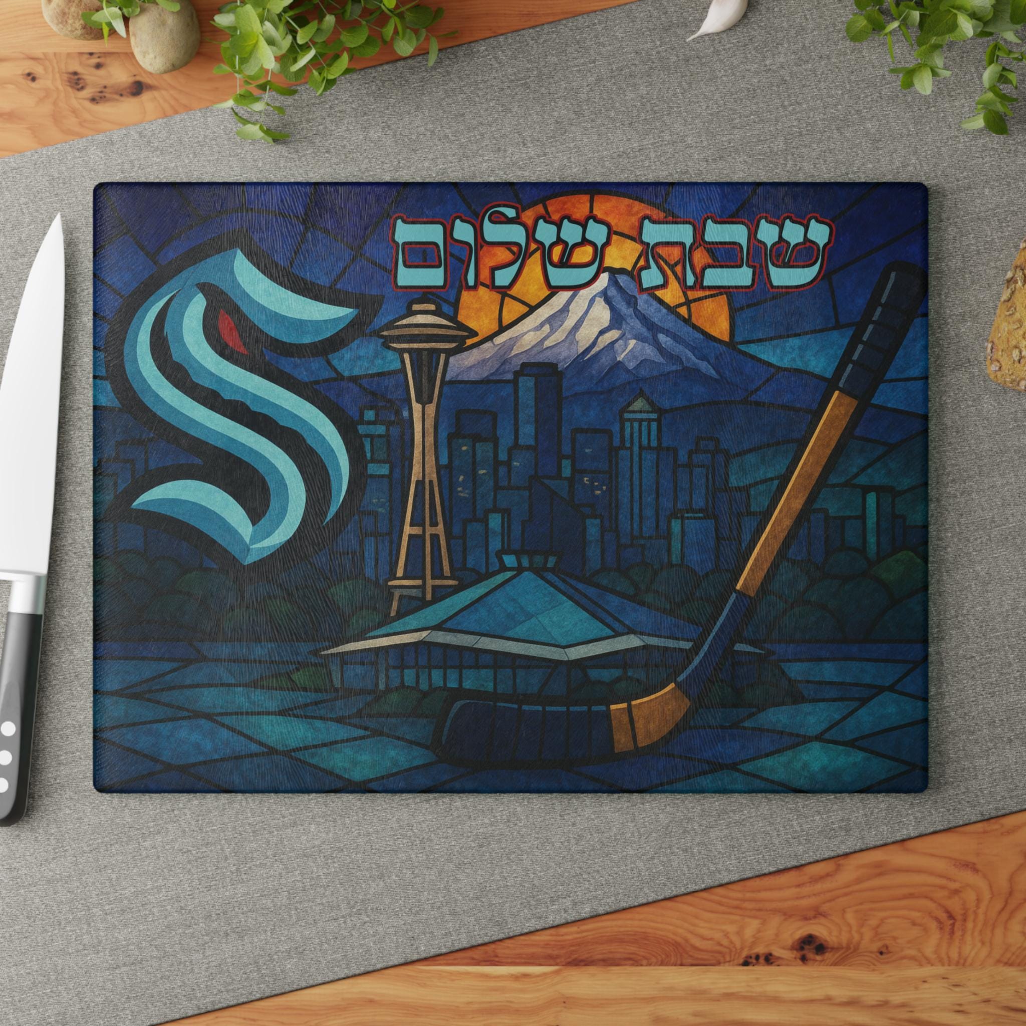 Seattle Kraken Challah Board Glass, Stained Glass Shabbat Tray with Arena and Skyline, Jewish Hockey Gift