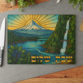 Oregon Challah Board Glass, Stained Glass Shabbat Tray with Multnomah Falls and Portland Skyline