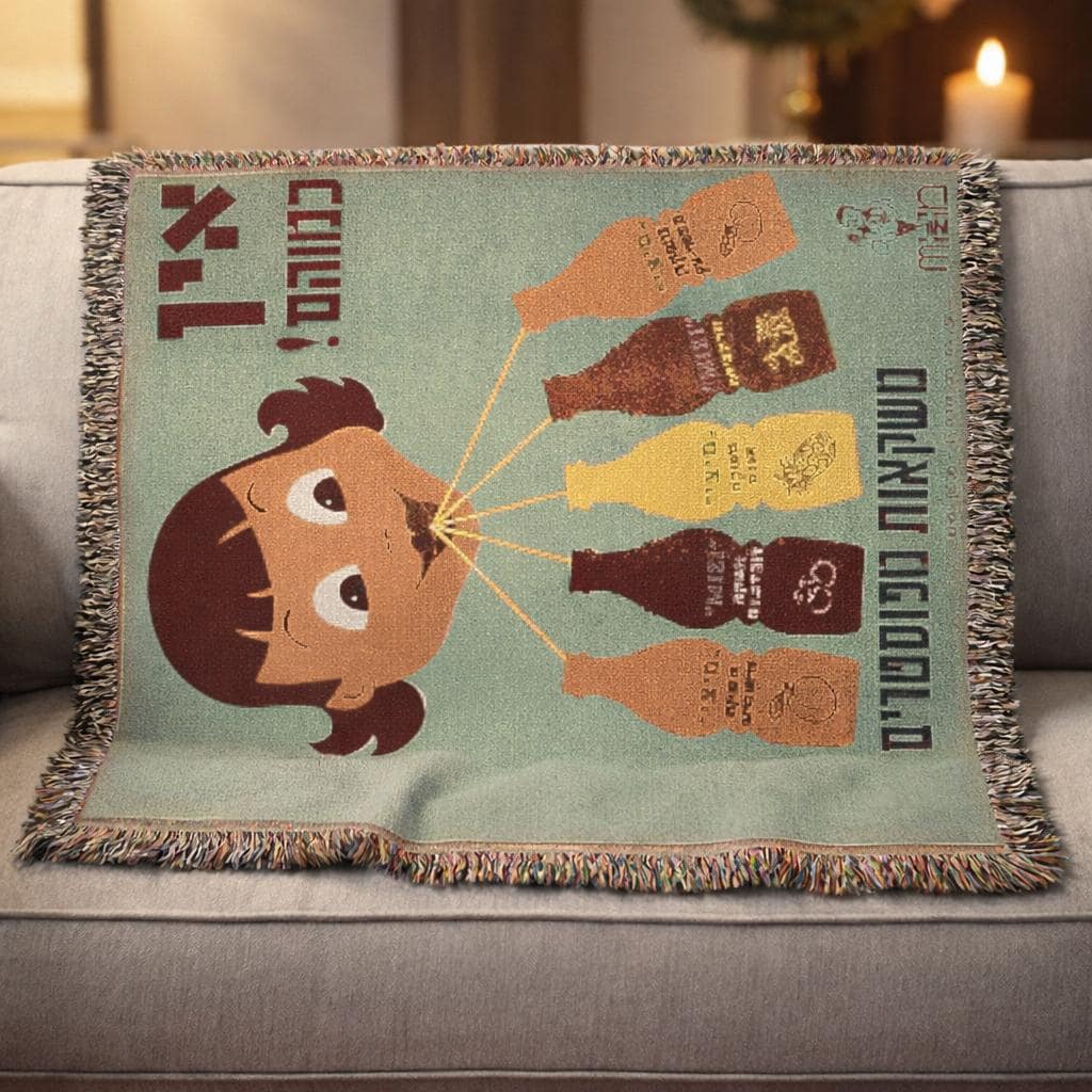 Woven Hebrew Soda Blanket, Retro Israeli Pop Art Tapestry, Mid Century Judaica Throw