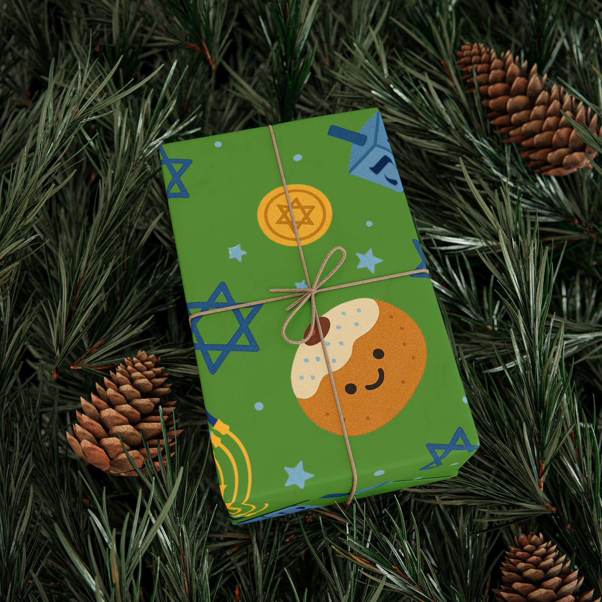 Green Hanukkah Wrapping Paper, Modern Judaica Gift Wrap, Fine Art Paper