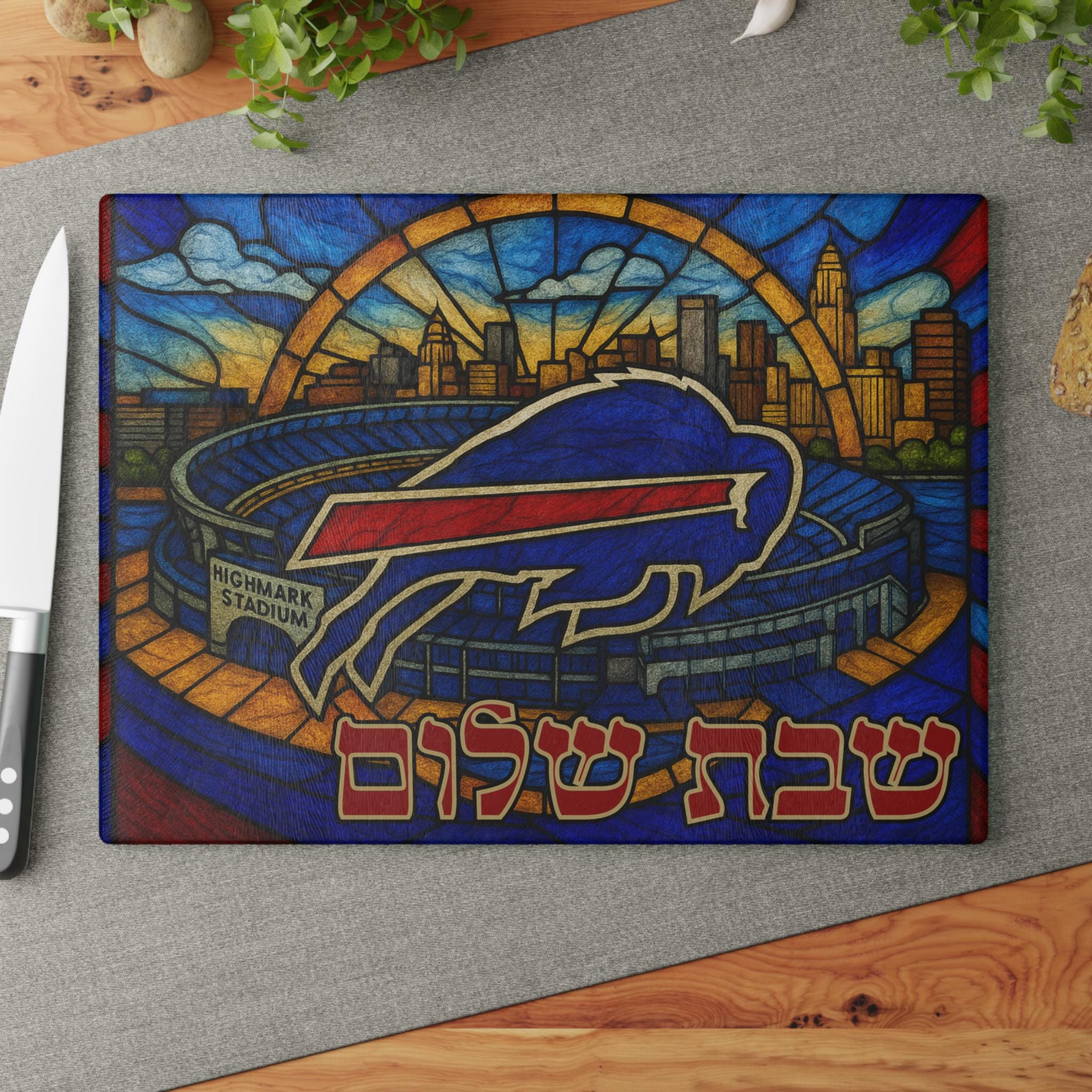 Buffalo Bills Challah Board, Tempered Glass Shabbat Tray, Stadium Skyline Judaica
