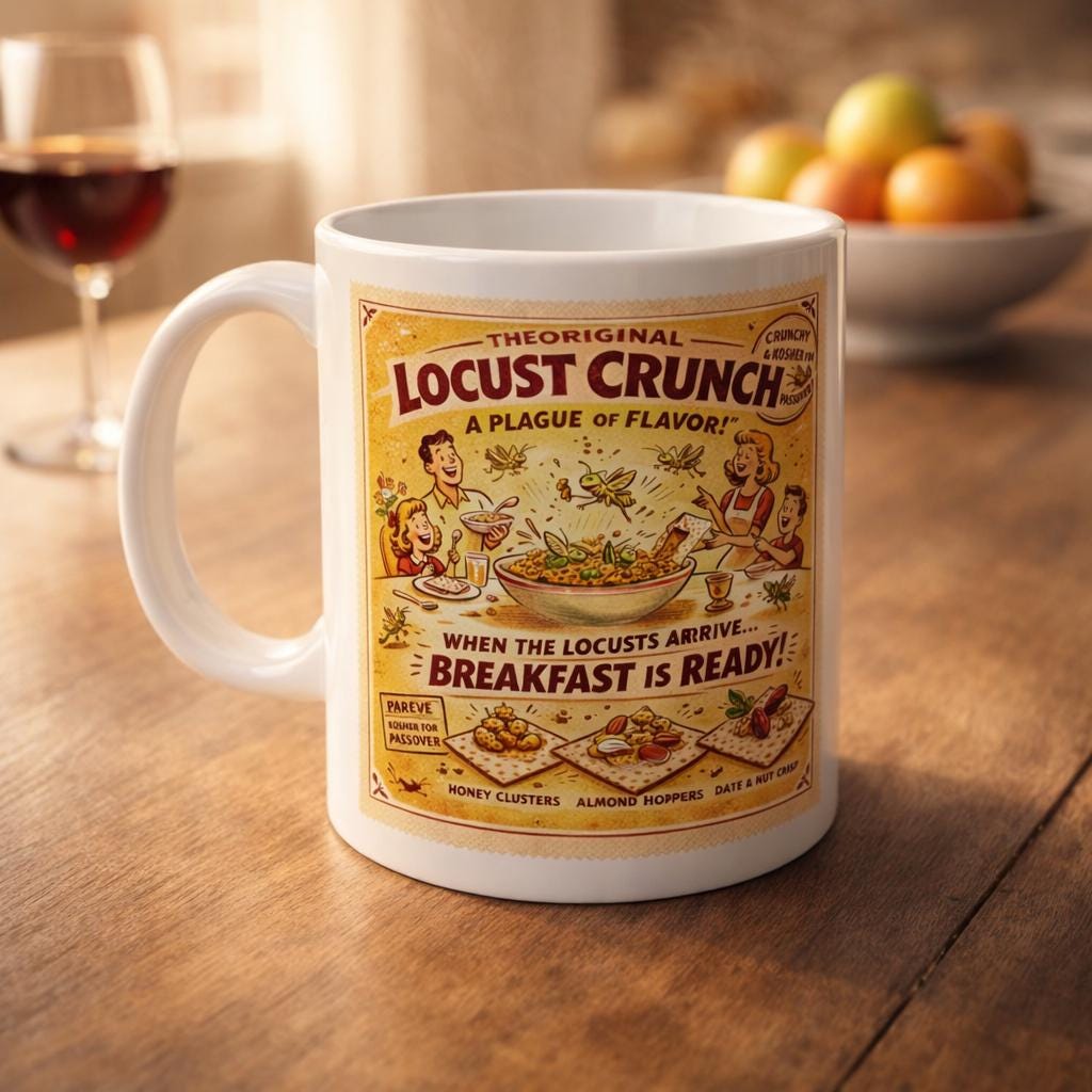 Passover Locust Crunch Cereal Mug, Retro Jewish Humor Coffee Cup