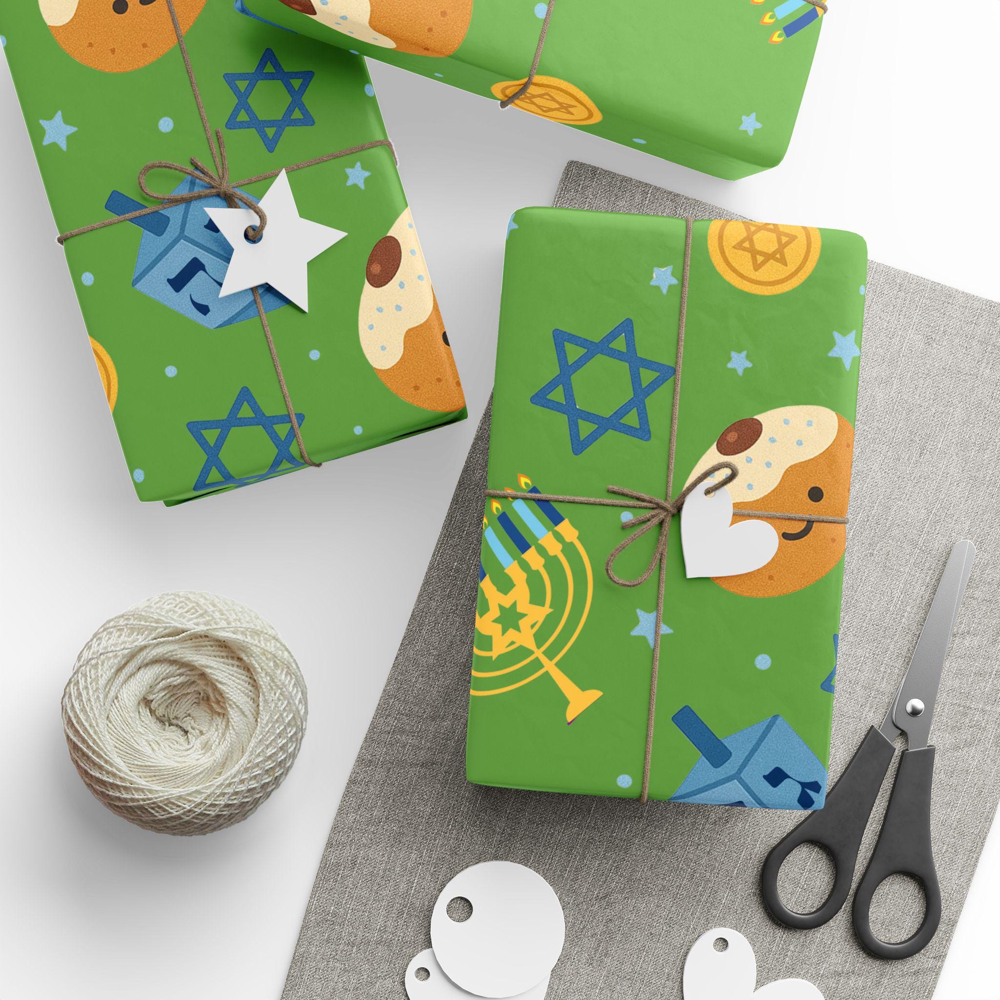 Green Hanukkah Wrapping Paper, Modern Judaica Gift Wrap, Fine Art Paper