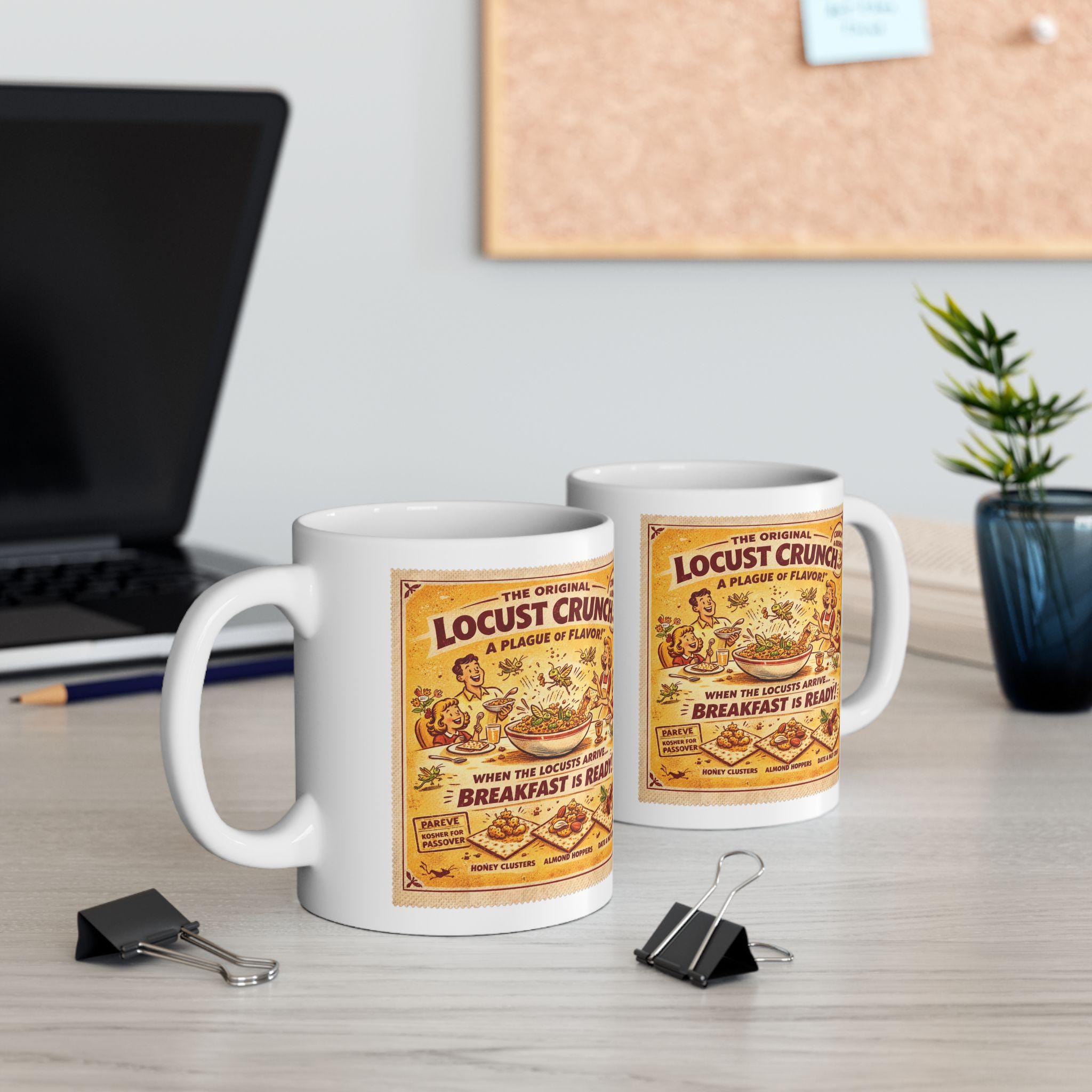 Passover Locust Crunch Cereal Mug, Retro Jewish Humor Coffee Cup