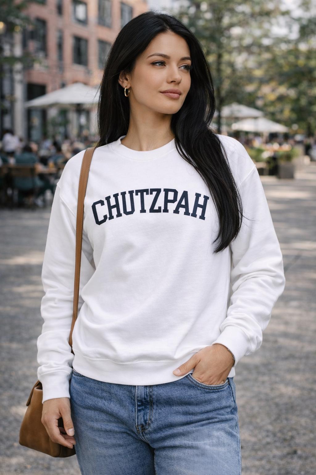 Chutzpah Sweatshirt White Crewneck, Yiddish Collegiate Lettering Jewish Pullover Gift