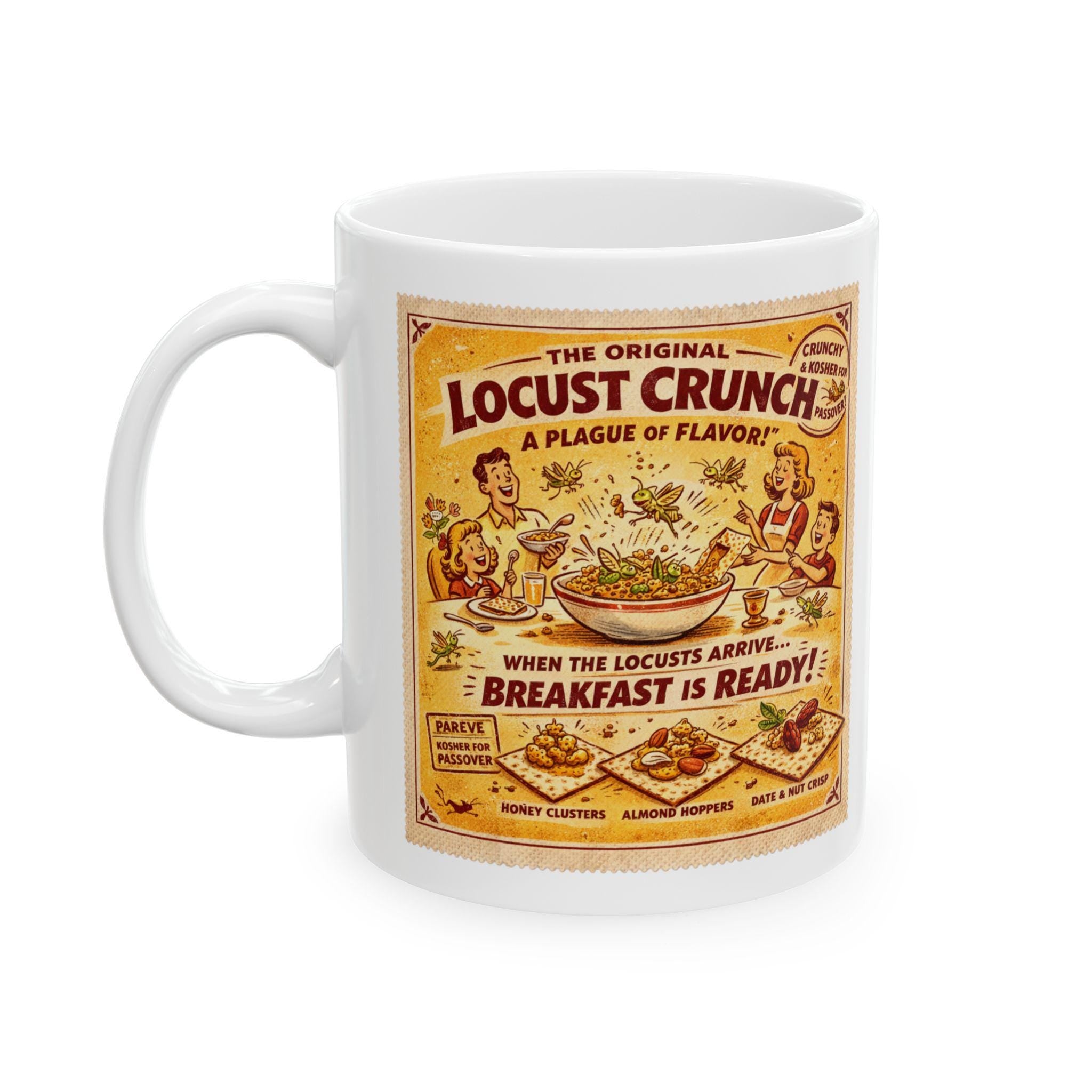 Passover Locust Crunch Cereal Mug, Retro Jewish Humor Coffee Cup